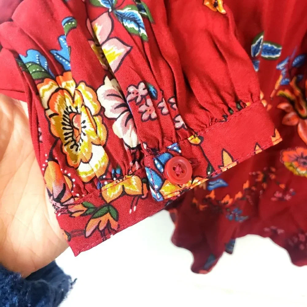 Women's Beach Lunch Lounge Boho Floral Embroidered Pop Over Top Size small - Picture 5 of 11